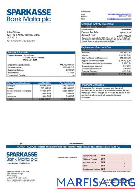 Blank Malta Sparkasse Bank Malta PLC mortgage statement Word and PDF template